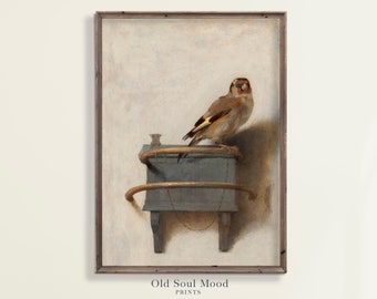 Vintage Goldfinch Painting, Antique Bird Art, Neutral Farmhouse Decor (Printable)