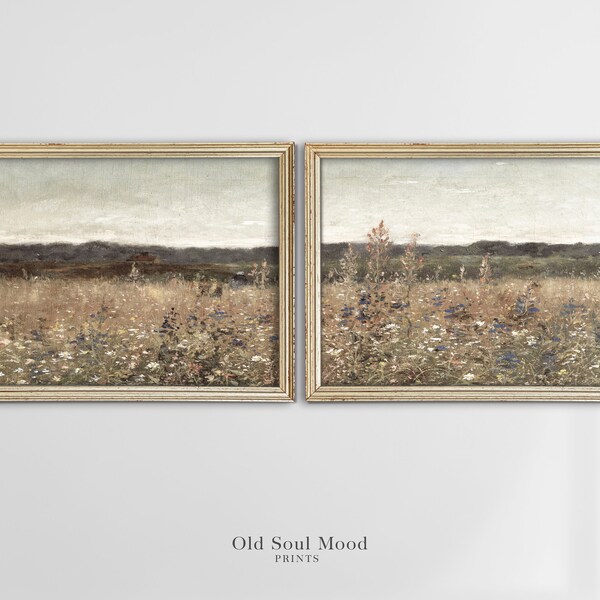 Wall Art Set of 2 Neutral Landscape, Wildflower Landscape Painting set of Two, Antique Horizontal 2 Pieces Wall Art, Split Panel Printable