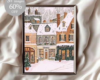 Vintage Weihnachtsdorf Kunstdruck, verschneite Winterszene (Digitaler Download)