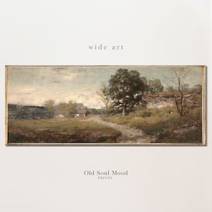 May include: A vintage painting depicting a rural landscape with a small house in the distance, a winding path leading to it, and a large tree in the foreground. The painting is executed in muted tones of brown, green, and blue, giving it a nostalgic feel.