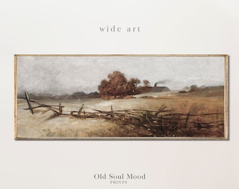 Vintage Farmhouse Landscape Painting, Panoramic Wall Art (Digital File)