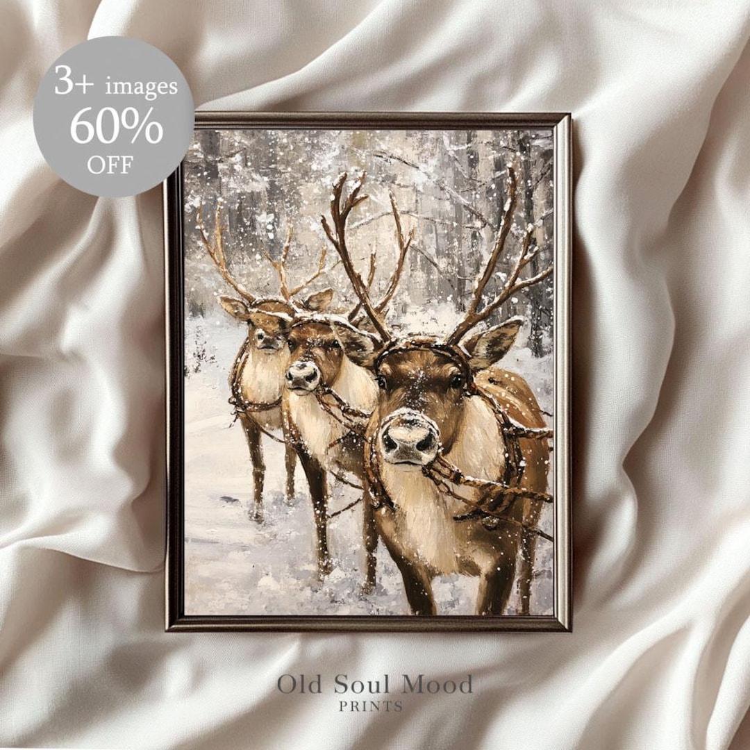 Vintage Deer Printable Wall Art, Rustic Reindeer Print, Antique Snowy ...