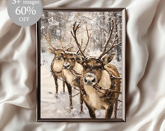 Vintage Deer Printable Wall Art, Rustic Reindeer Print, Antique Snowy Forest Painting, Farmhouse Christmas Decor, Digital Download
