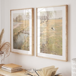 Wall Art Set of 2 Spring Landscape, Wildflower Landscape Painting set of Two, Antique Farmhouse 2 Pieces Wall Art, Split Panel Printable
