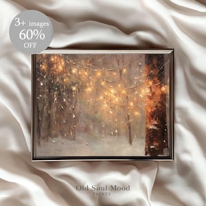 Arte de pared navideño vintage, pintura de luces navideñas, pintura al óleo de invierno, impresión de árbol de Navidad, arte de pared de invierno grande, decoración navideña