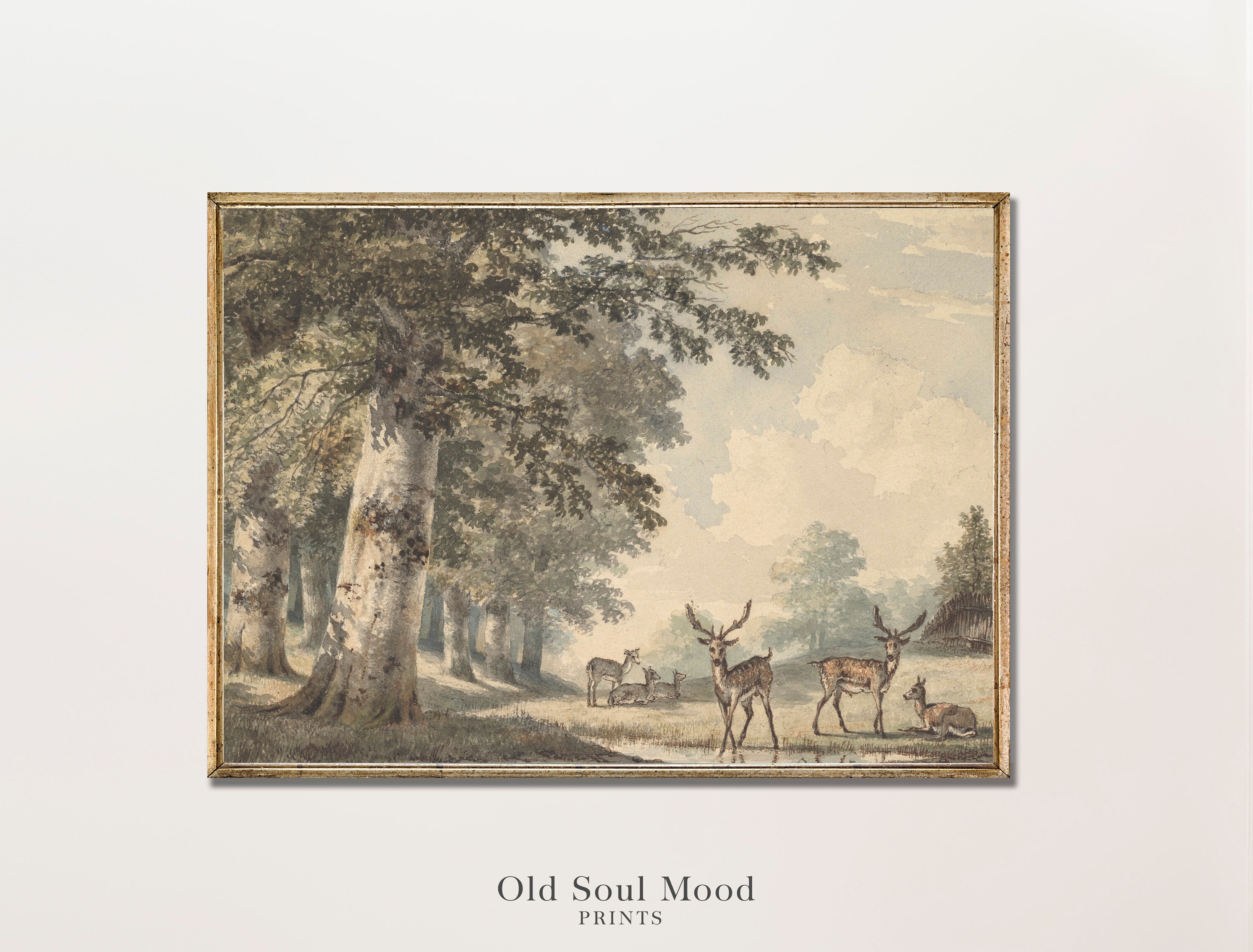 Vintage Deer Painting, Rustic Woodland Landscape Art (digital Download ...