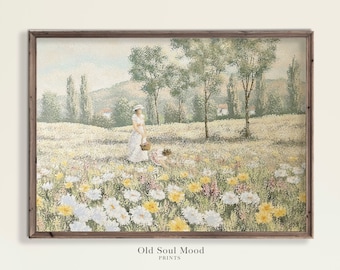 Pittura del prato estivo, stampa vintage di fiori di campo, pittura a olio elegante passeggiata di donna, arte di campagna, ARTE VINTAGE STAMPABILE