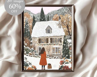 Vintage Christmas Village Art Print, Snowy House Scene (Digital Download)