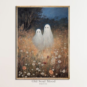 Cute Ghosts in the Wildflower Field, Halloween Vintage Paint, Spooky Vintage Halloween, Spooky Meadow Print, Fall Peekaboo Art Print, Ghost