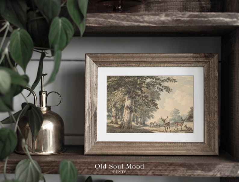 Vintage Deer Painting, Rustic Woodland Landscape Art (digital Download ...