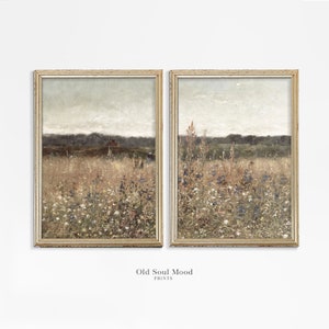 Wall Art Set of 2 Neutral Landscape, Wildflower Landscape Painting set of Two, Antique Farmhouse 2 Pieces Wall Art, Split Panel Printable