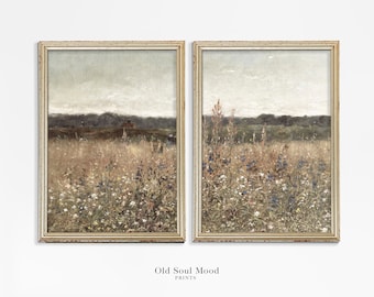 Neutral Wildflower Landscape Painting Set, Vintage Farmhouse Art (Digital Download)