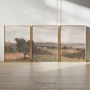 Wall Art Set of 3 Neutral Landscape, Summer Meadow Landscape Painting ...