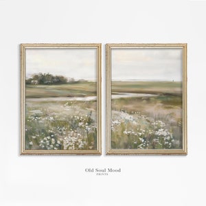 Neutral Country 2 Pieces Vintage Wall Art, Wildflower Landscape set of Two, Farmhouse 2 Pieces Wall Art, Split Panel Printable