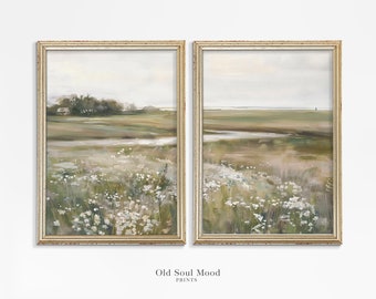 Neutral Country 2 Pieces Vintage Wall Art, Wildflower Landscape set of Two, Farmhouse 2 Pieces Wall Art, Split Panel Printable