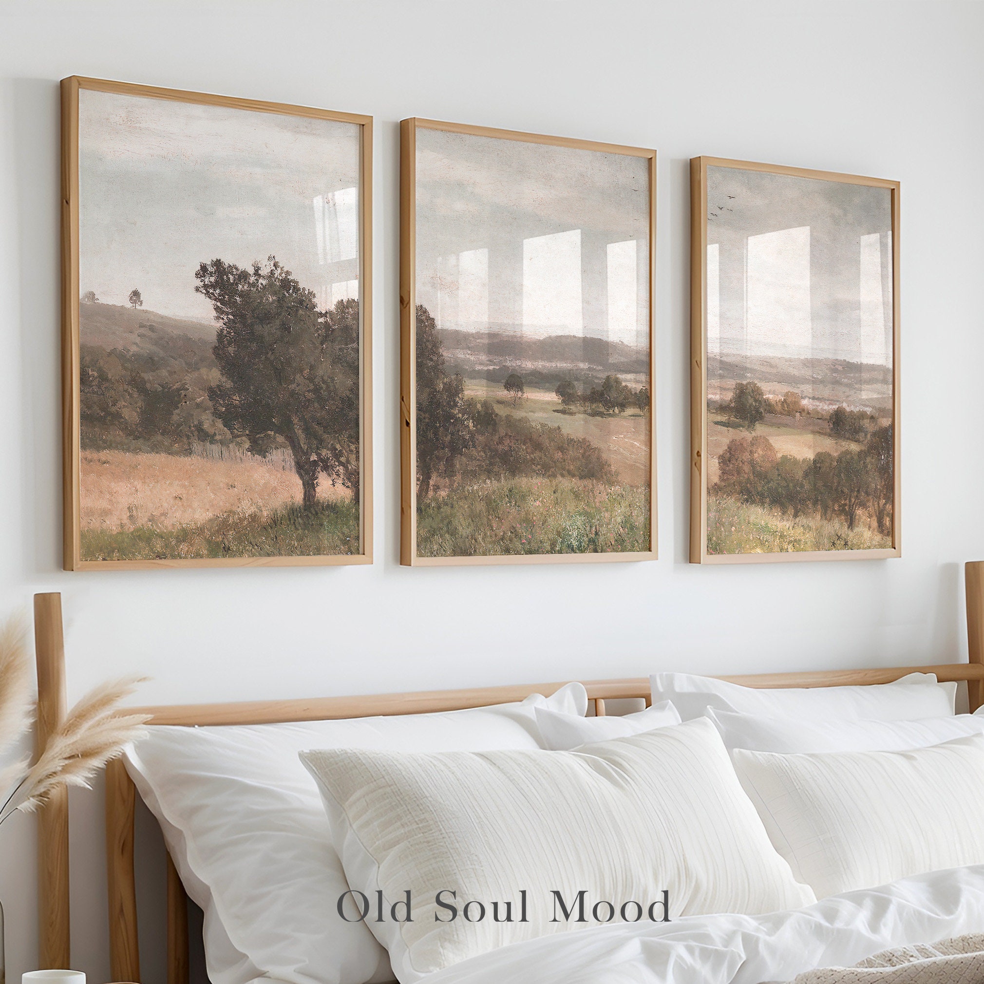 Wall Art Set of 3 Neutral Landscape, Summer Meadow Landscape Painting ...