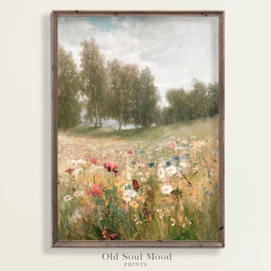 Vintage Frühling Landschaft, Feld Dekor, Natur Kunst, druckbare Frühlingswiese, Bauernhaus Wand Kunst Druck, Wildblumen Landschaft