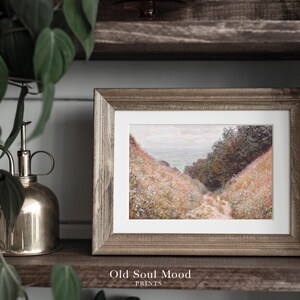 Pu&ograve; includere: Una stampa incorniciata di un dipinto che raffigura un sentiero che conduce attraverso un campo di fiori selvatici verso una costa lontana. Il dipinto &egrave; in una cornice di legno rustica e la stampa &egrave; intitolata "Old Soul Mood Prints".