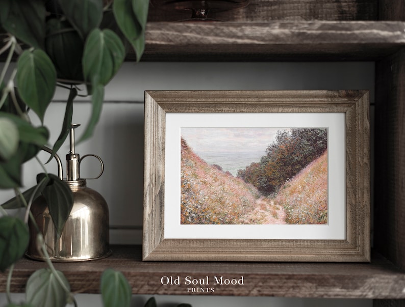 Pu&ograve; includere: Una stampa incorniciata di un dipinto che raffigura un sentiero che conduce attraverso un campo di fiori selvatici verso una costa lontana. Il dipinto &egrave; in una cornice di legno rustica e la stampa &egrave; intitolata "Old Soul Mood Prints".