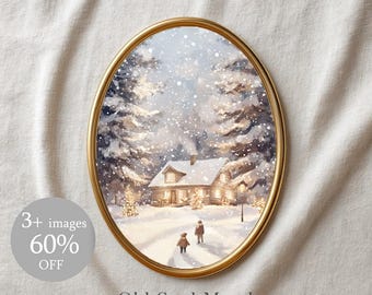Vintage Christmas House Print, Snowy Winter Cabin Wall Art (Digital Download)