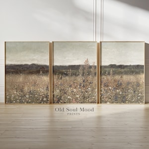 Wall Art Set of 3 Neutral Landscape, Wildflower Landscape Painting set of Three, Triptych, Antique Farmhouse 3 Pieces Wall Art, Split Panel