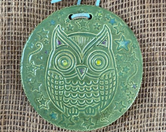 Starry Green Owl One-of-a-kind Handmade Ceramic Tile