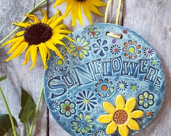 Summer Sunflowers One-of-a-kind Handmade Ceramic Tile Sign