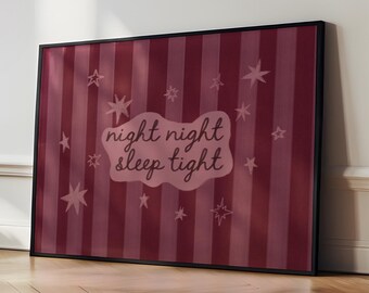 Buenas noches, duerme profundamente / Decoración del hogar para dormir, arte de pared, póster para dormitorio, dibujado a mano, regalo para parejas, rosa rojo, rayas