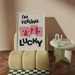 Je me sens chanceux | Feeling Lucky Cards Citation Wall Print, Décoration murale rétro, Grand art imprimable, A5 A3 A4, Dés, Lucky 7s, Cartes, As