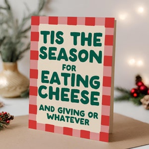 CARTE DE NOL AU FROMAGE AU FROMAGE | Noël, décoration de Noël, carte rétro, tendance de Noël, dessinés à la main, rose rouge vert, amateur de fromage, carte de Noël amusante