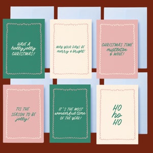 Lot de cartes de Noël roses et vertes | Lot de 6, cartes de vœux, motifs tendance, lot mixte, jeu de cartes, rose et rouge, moderne, joyeux Noël