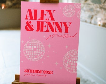 DISCO WEDDING SIGN | disco ball pink red wedding sign, couples wedding gift, wedding decor, engagement party, Retro groovy customisable