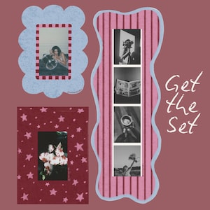 May include: A collage featuring three distinct frames on a dusty rose background. One frame is light blue with a red checkered border, one is dark red with pink stars, and one is a tall pink striped shape containing four black and white photos.