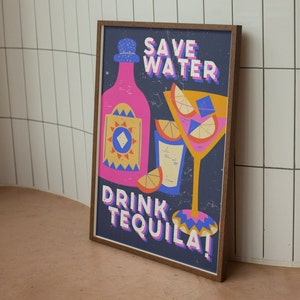 DRINK TEQUILA | Custom Alcohol Print, Happy Hour, Bar Cart Print, Retro Illustration, Kitchen Decor, Tequila Shot, Party, Drinks Print