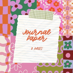 Peut inclure: Un collage de motifs floraux et géométriques colorés en rose, orange, vert et violet. Un morceau de papier ligné avec les mots "Journal Paper" et "8 pages" est collé au centre avec du washi tape vert.