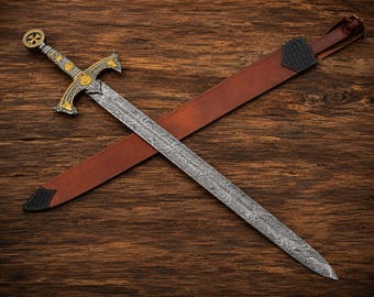 Hand Forged Damascus Long Sword, Medieval Warrior Sword, Leather Scabbard, Handmade Collector Sword