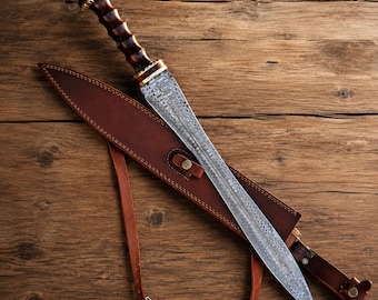 Handmade Damascus Steel Sword: Full Tang, Leather Sheath, Christmas gift, anniversary gift,gift for him
