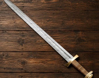 Handmade Damascus Steel Sword: Full Tang, Leather Sheath, Christmas gift for collectibles,gift for him, anniversary gift
