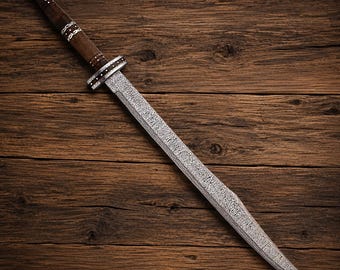 Handmade Damascus Steel Sword: Full Tang, 32" Blade, Leather Sheath, Christmas gift for collectibles, anniversary gift