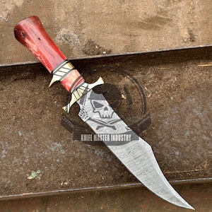 Hand Forged Damascus Steel Bowie Knife: Bone Handle, Camping Knife