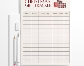 May include: A white Christmas Gift Tracker sheet with a grid for tracking gifts. The title "CHRISTMAS GIFT TRACKER" is in burgundy script. A pencil, pen, and eraser are on the left. Small illustrations of wrapped gifts are in the upper right corner.