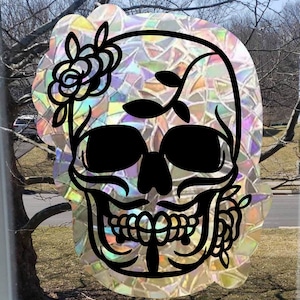 Sugar Skull Sun Catcher Rainbow Window cling decal - Large 8 inches tall