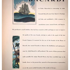 ORIGINAL Impression Bacardi recto verso des années 1930 provenant d’une collection d’importation d’alcool, 1933 - une trouvaille rare, montrant une carte et des illustrations de Cuba
