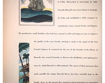 ORIGINAL 1930s Double-Sided Bacardi Print from an alcohol import collection, 1933- a rare find, showing map and illustrations of Cuba