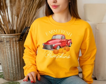 Farm Fresh Pumpkins Autumnal Sweater, Autumn Pumpkin Truck Sweater, Vintage Farm Truck Sweatshirt, Pumpkin Patch for Autumn