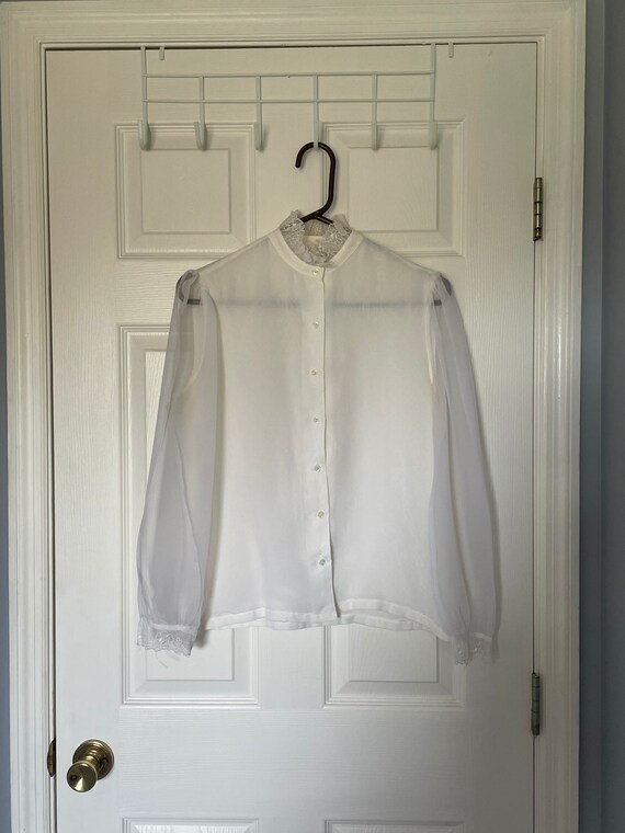 1980s Sheer White Blouse w/ Lace Trim - image 3