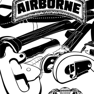 May include: Black and white illustration featuring the word "AIRBORNE" in a banner, along with a parachute emblem and other military equipment. The artwork has a bold, graphic style, suitable for apparel or military-themed products.