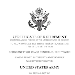 Certificate of Retirement US Army
