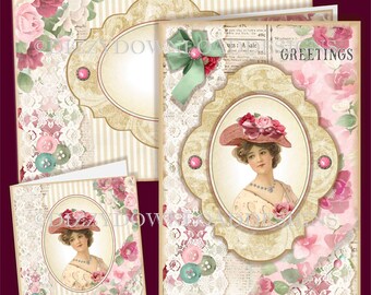 Vintage Shabby Chic Downloadable Card Kit and Gift Card Birthday Mother's Day Envelope Digital Download Instant Download