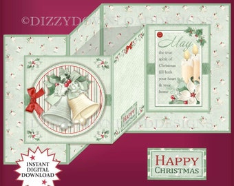 Kit di biglietti scaricabili con doppia piega a Z di campane di Natale Busta per decoupage Creazione di biglietti con download digitale Biglietti con download istantaneo pronti per la stampa